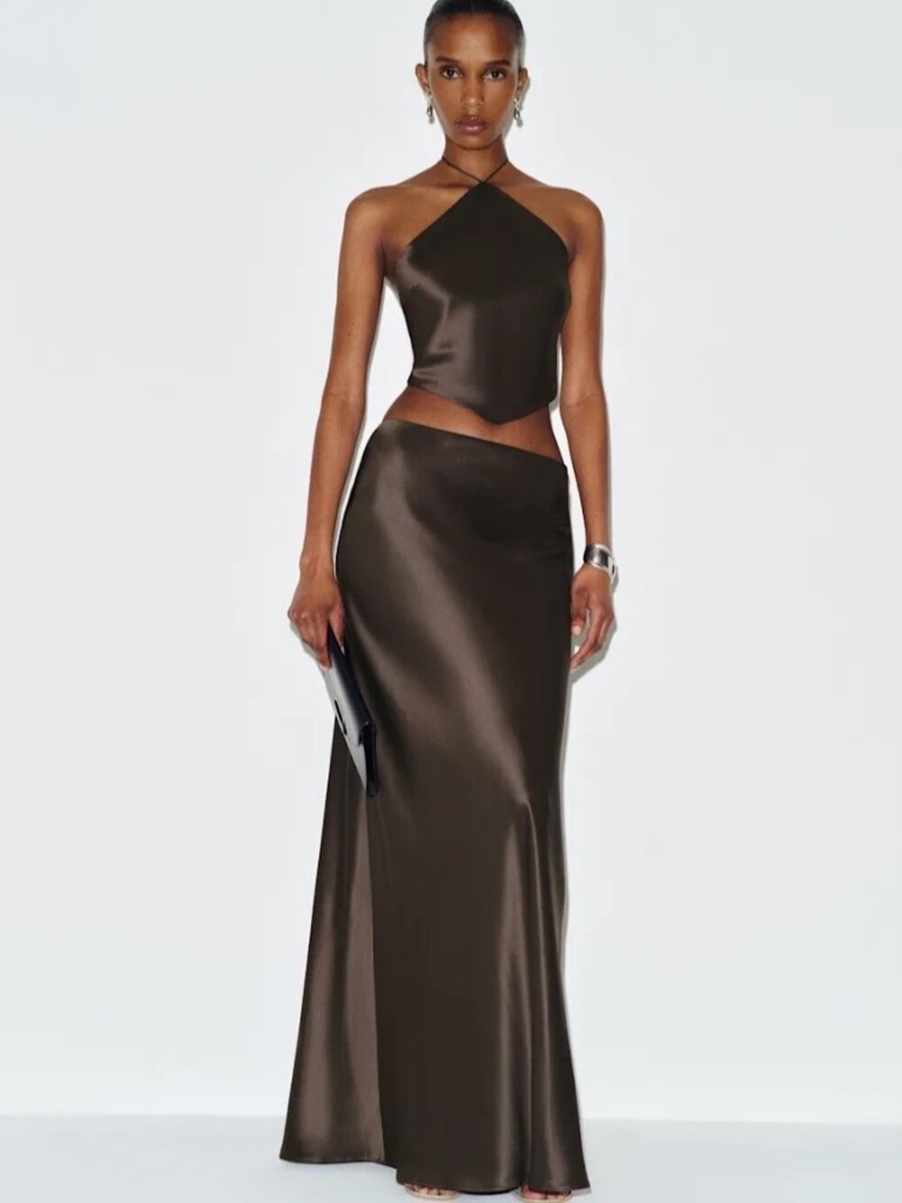 NEW Reformation Effie Two Piece Matching Silk Skirt Set Black Pearl sz S